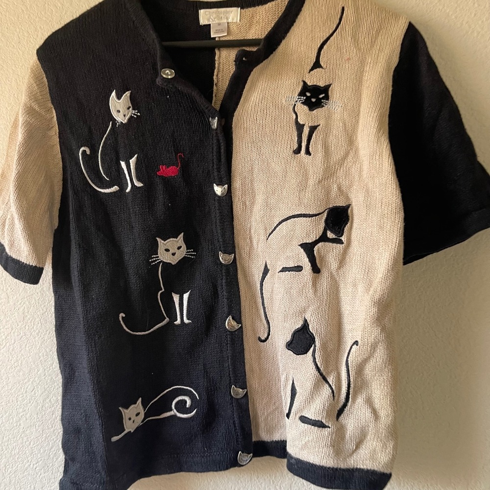 Vintage Cat Embroidered Cardigan Black Cream Size M - Picture 4 of 8